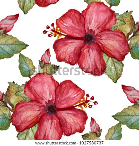 Elegant seamless pattern with watercolor hibiscus flowers, design elements. Floral tropical pattern for invitations, greeting cards, scrapbooking, print, gift wrap, manufacturing, textile.  Royalty-Free Stock Photo #1027580737