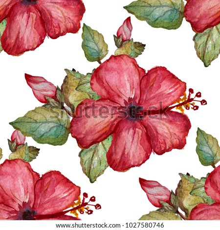 Elegant seamless pattern with watercolor hibiscus flowers, design elements. Floral tropical pattern for invitations, greeting cards, scrapbooking, print, gift wrap, manufacturing, textile.  Royalty-Free Stock Photo #1027580746