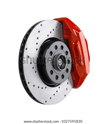 Car brake disc and red caliper isolated on white  Royalty-Free Stock Photo #1027595830