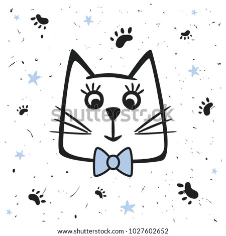 Painted cute vector cat. Creative background for design of cards, covers, textiles, paper, stickers. Children's illustrations for printing.