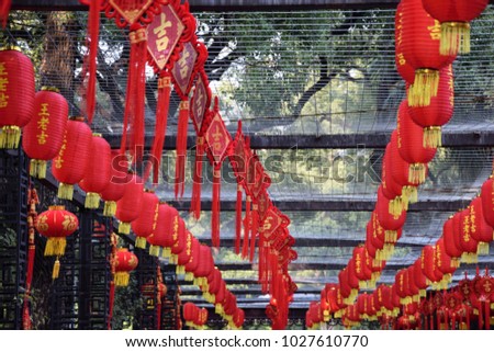 The red lanterns, traditional chinese decoration, suspended all around the park during Chinse New Year. The character´s translations is an auspicious old king.