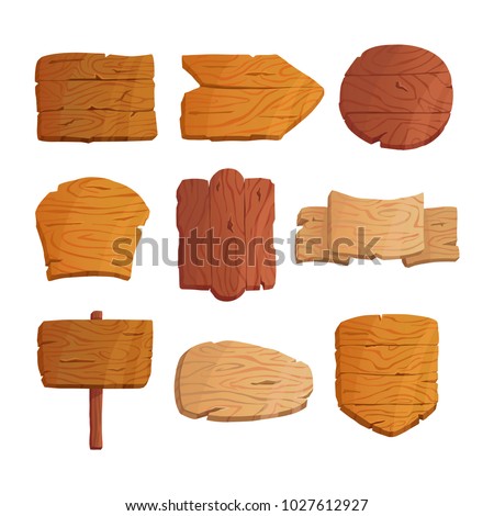 Cartoon wooden planks,wooden blank, banners and ribbons. Western wooden sings vector set. Vintage or old sings. Banners for messages or pointers for path finding. Royalty-Free Stock Photo #1027612927