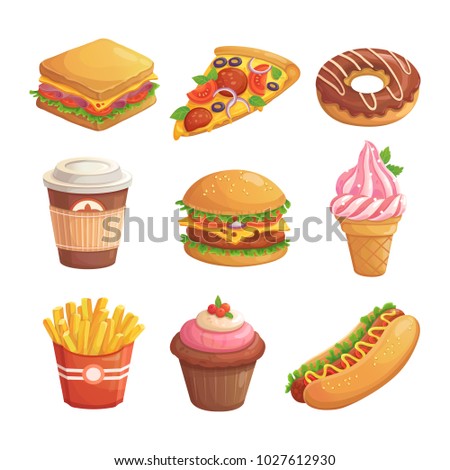 Set of cartoon fast food. Vector isolated  illustration. Sandwich, pizza, donut, coffee, cheeseburger, ice cream, french fries, muffin, hot dog. For menu. Royalty-Free Stock Photo #1027612930