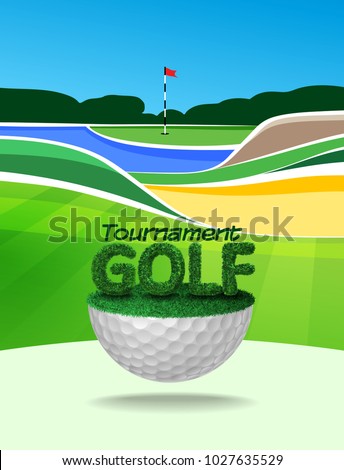 Golf tournament ticket or flyer brochure template. Golf course background mockup vector illustration