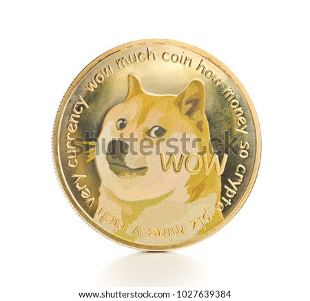 The golden dogecoin isolated on white background. Royalty-Free Stock Photo #1027639384