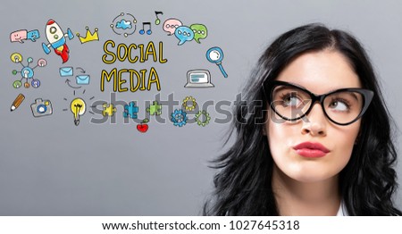 Social Media with young businesswoman in a thoughtful face