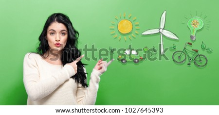 Ecology with young woman on a green background