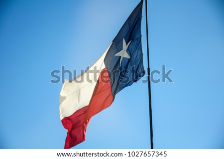 The flag of Texas high up in the sky.