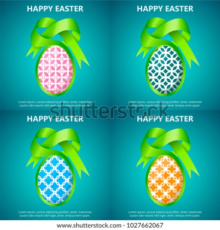 A set of decorative cards a poster of happy easter on a beautiful background.Egg with a festive bow.