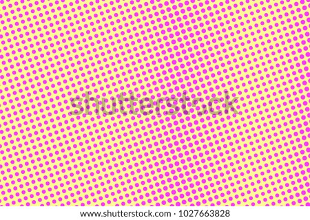 Yellow pink dotted halftone. Rough vertical dotted gradient. Half tone vector background. Artificial texture. Pink dot on yellow backdrop. Pastel pop art design template. Glitch halftone texture
