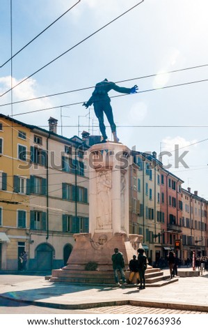 PARMA, ITALY - MARCH 10, 2016: Beautiful photo of Resistance statue in Parma, italian capital of culture in 2020.