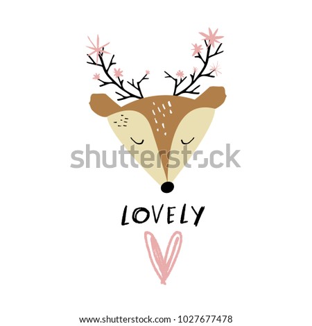 Nice baby deer, sign. Decor elements for postcards, cards, posters, souvenirs and more. 
Vector, clip art and jpg. Isolated.