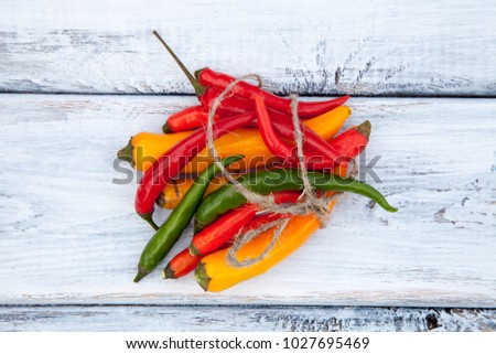 Assorted set of different colors hot chili peppers on rustic wooden table. Mix of spices for cooking. Spicy kitchen ingredients for soups and meals. Top view, copy space. Food background.