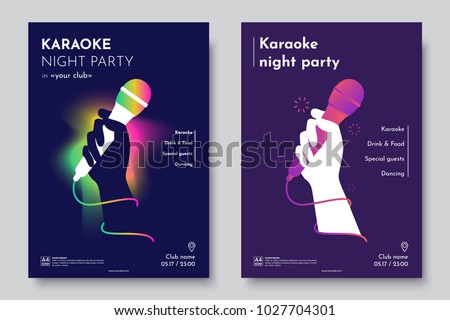 Karaoke party invitation flyer template. Silhouette of Hand with microphone on an abstract dark background. Concept for a night club advertising company. Creative invite poster. Vector eps 10