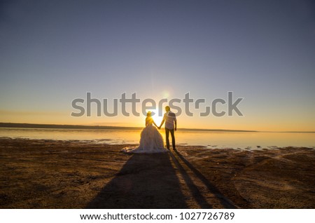 Wedding couple on the sea beach watching sunset. Sunny summer photo. Bride with hair down in off shoulder dress with train. Ocean romantic ceremony. Seaside sunrise love story. Honeymoon.