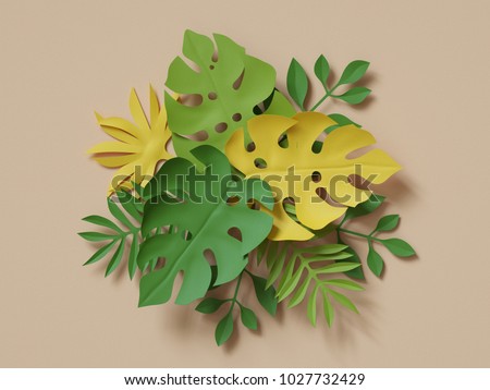 3d rendering, tropical paper leaves bouquet, papercraft, green monstera palm leaf, jungle background, foliage, botanical paper art, natural wallpaper