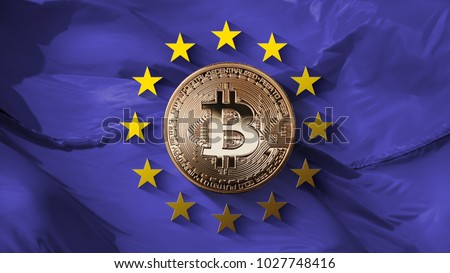 Stars of the European Union and coin bitcoin gold on an ultraviolet background