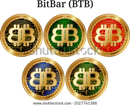Set of physical golden coin BitBar (BTB), digital cryptocurrency. BitBar (BTB) icon set. Vector illustration isolated on white background.