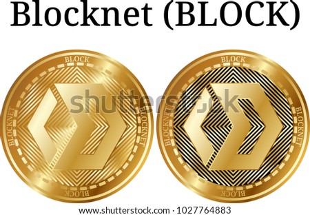 Set of physical golden coin Blocknet (BLOCK), digital cryptocurrency. Blocknet (BLOCK) icon set. Vector illustration isolated on white background.