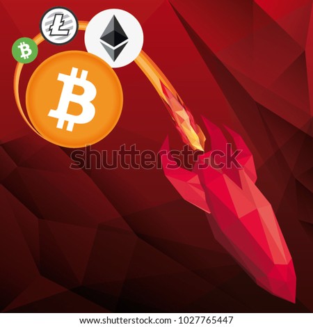 Vector low poly illustration of red rocket representing bitcoin and other crypto currency prices on free fall