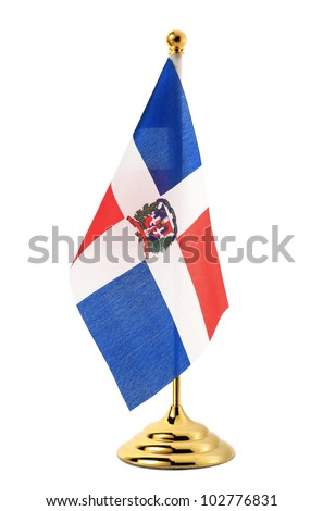 Flag of Dominican hanging on the gold flagpole,Isolated on the white background