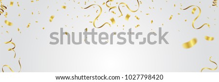 Gold balloons, confetti and streamers on white background. Vector illustration. Royalty-Free Stock Photo #1027798420