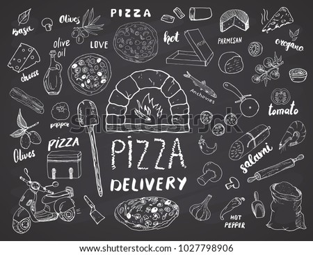 Pizza menu hand drawn sketch set. Pizza preparation and delivery doodles with flour and other food ingredients, oven and kitchen tools, scooter, pizza box design template. Vector illustration.
