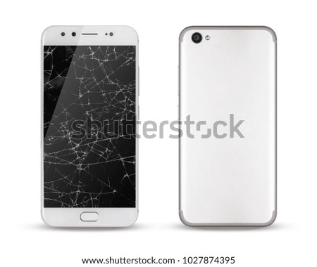 Smartphone with broken, front and back sides of smartphone modern touch screen isolated on white background.