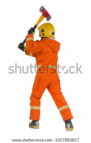 Studio portrait of firefighter dressed in uniform and safety helmet isolated on white background
