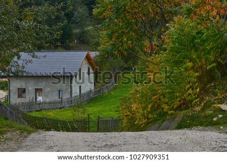 A rural village in autumn foliage color. Rural landscape. Color sky with white clouds.