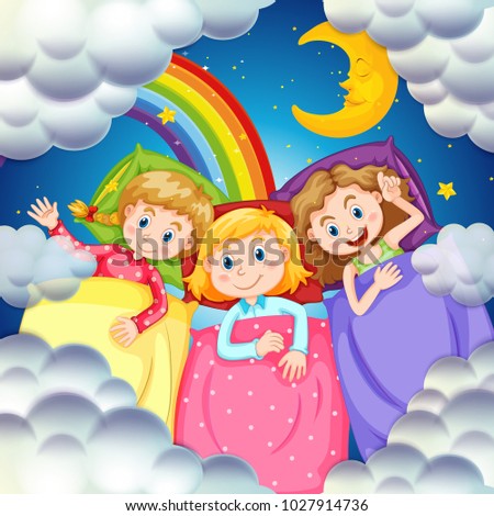 Three girls in bed at night illustration