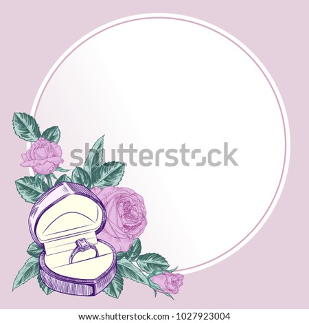 
Vector round frame with a ring in a case and a composition  with roses.  Vector illustration for greetings, cards. Wedding design.
