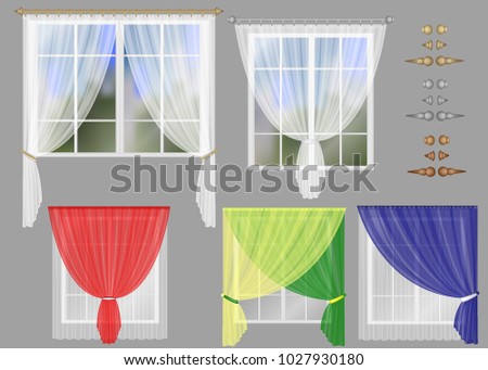 The curtains on the Windows, transparent light curtains of different colors, beautiful window decoration, decoration for walls, doors, canopy above the bed, vector illustration 3d mech