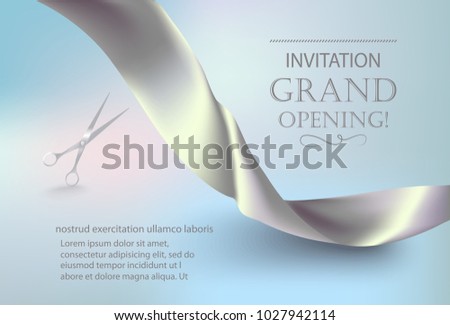 Grand opening invitation card with beautiful holographic ribbon. Vector illustration