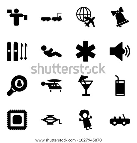 Solid vector icon set - traffic controller vector, baggage truck, plane globe, bell, ski, abdominal muscles, ambulance star, volume medium, head hunter, helicopter, drink, cpu, jack, doll, toy car