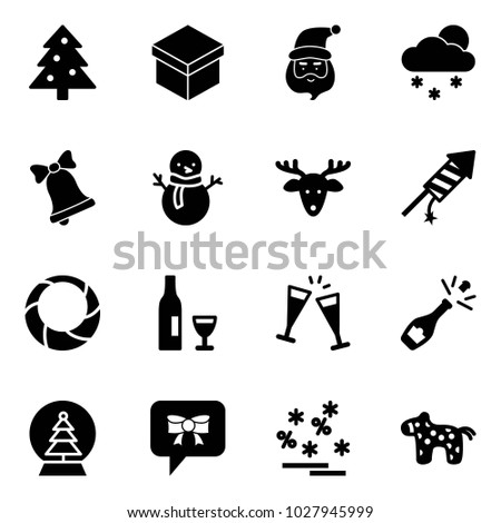 Solid vector icon set - christmas tree vector, gift, santa claus, snowfall, bell, snowman, deer, firework rocket, wreath, wine, glasses, champagne, snowball, bow message, sale, toy horse