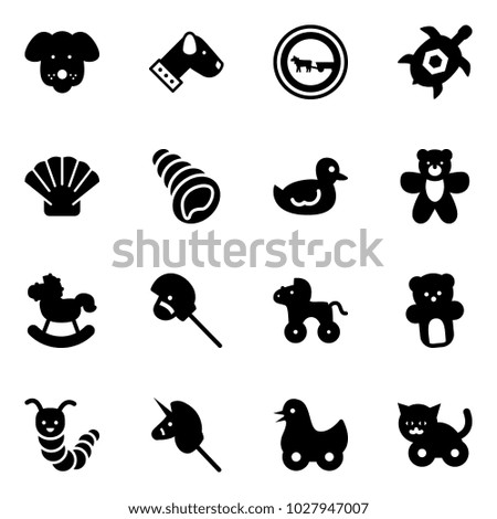 Solid vector icon set - dog vector, no cart horse road sign, sea turtle, shell, duck toy, bear, rocking, stick, wheel, caterpillar, unicorn, cat