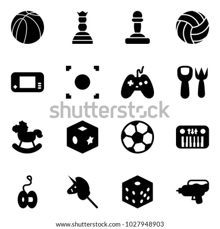 Solid vector icon set - basketball ball vector, chess queen, pawn, volleyball, game console, record button, joystick, shovel fork toy, rocking horse, cube, soccer, piano, yoyo, unicorn stick, bones