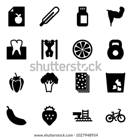 Solid vector icon set - diet list vector, thermometer, pills bottle, power hand, tooth, pull ups, lemon slice, weight, sweet pepper, broccoli, breads, garbage, banana, strawberry, pool, bike