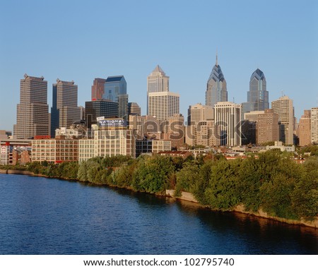 Skyline of Philadelphia, Pennsylvania from Schuylkill River at sunset