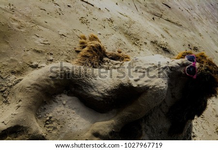 The mermaid made from the sand sleeping in the beach taking the sun bath wearing sun glasses.