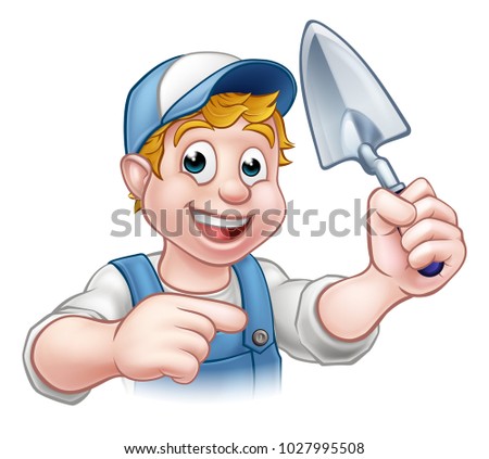 A cartoon builder or bricklayer construction worker holding a masons brick laying trowel hand tool and pointing