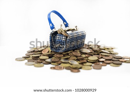 small toy bad with euro coins. Isolated on white background.