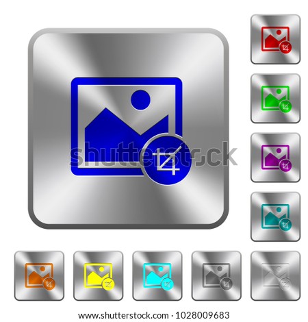 Crop image engraved icons on rounded square glossy steel buttons