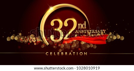 32nd anniversary logo with golden ring, confetti and red ribbon isolated on elegant black background, sparkle, vector design for greeting card and invitation card