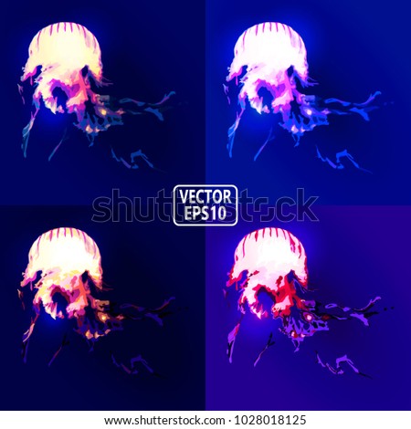 Colorful shimmering jellyfish swimming in deep blue ocean. Vector illustration of wildlife inhabitant for poster, card, background, post about Red Book animals. Four frames with different coloring