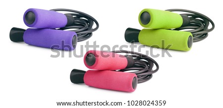Jump rope or skipping rope isolated on white background. Sports, fitness, cardio, martial art and boxing accessories. Collection. Royalty-Free Stock Photo #1028024359