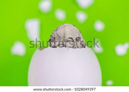 Carved out of the one-dollar banknote Portrait of George Washington in the eggshell on a green background