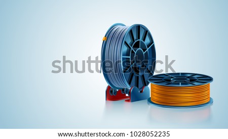 3d printing filament spool or coil on holder on white background. Colored plastic material for 3d printer. Silver and gold or orange color. Additive technology vector illustration. Royalty-Free Stock Photo #1028052235