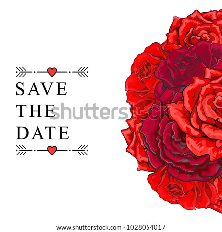 Vector sketch illustration save the date template. Red rose flower bouquet with closed opened blossom leaves pattern. Floral natural decoration background, backdrop element fabric textile design